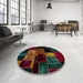 Round Abstract Coffee Brown Patchwork Rug in a Office, abs2033