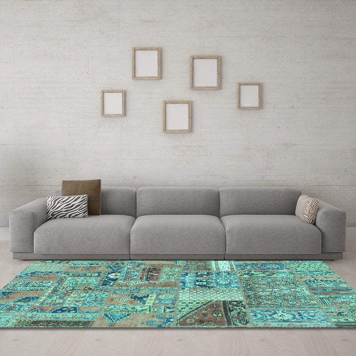 Machine Washable Patchwork Turquoise Transitional Area Rugs in a Living Room,, wshabs2035turq
