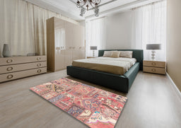 Abstract Pastel Orange Patchwork Rug in a Bedroom, abs2036