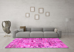 Machine Washable Patchwork Pink Transitional Rug in a Living Room, wshabs2037pnk