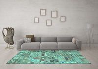 Machine Washable Patchwork Turquoise Transitional Rug, wshabs2037turq