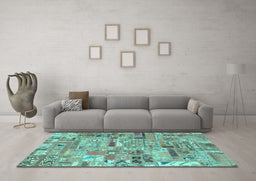 Machine Washable Patchwork Turquoise Transitional Area Rugs in a Living Room,, wshabs2037turq