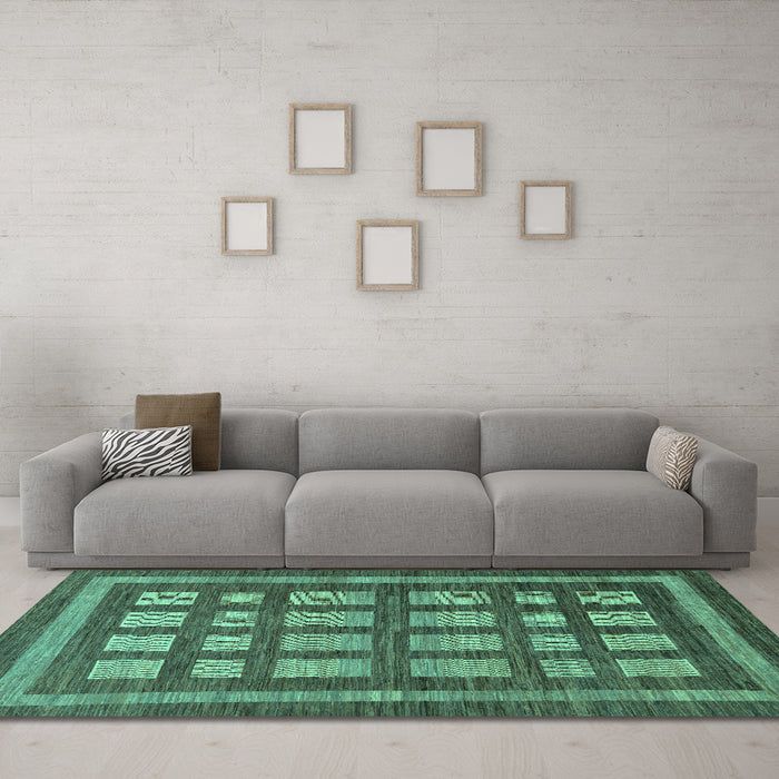 Machine Washable Checkered Turquoise Modern Area Rugs in a Living Room,, wshabs203turq