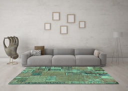 Machine Washable Patchwork Turquoise Transitional Area Rugs in a Living Room,, wshabs2056turq