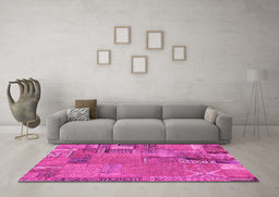 Machine Washable Patchwork Pink Transitional Rug in a Living Room, wshabs2056pnk