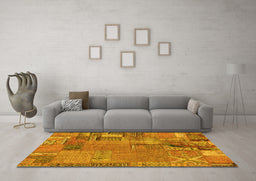 Machine Washable Patchwork Yellow Transitional Rug in a Living Room, wshabs2056yw