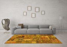 Machine Washable Patchwork Yellow Transitional Rug in a Living Room, wshabs2057yw