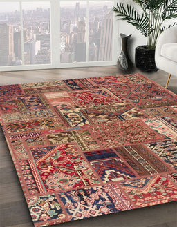 Abstract Brown Red Patchwork Rug in Family Room, abs2057