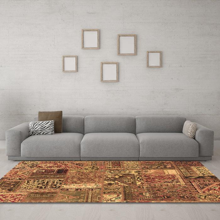 Machine Washable Patchwork Brown Transitional Rug in a Living Room,, wshabs2057brn