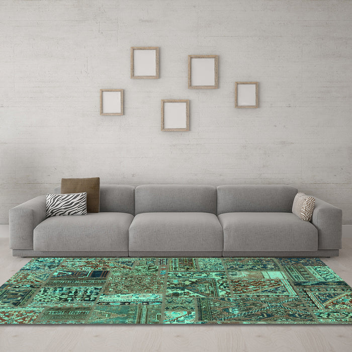 Machine Washable Patchwork Turquoise Transitional Area Rugs in a Living Room,, wshabs2057turq