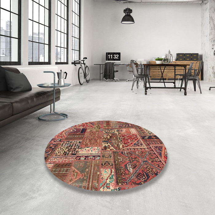 Round Abstract Brown Red Patchwork Rug in a Office, abs2057