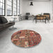 Round Machine Washable Abstract Brown Red Rug in a Office, wshabs2057