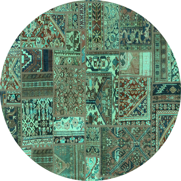 Round Machine Washable Patchwork Turquoise Transitional Area Rugs, wshabs2057turq