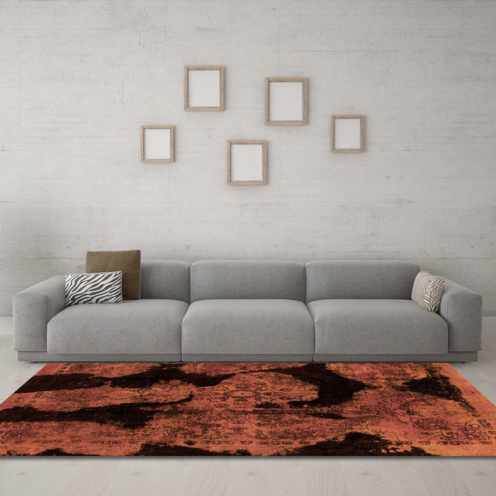 Machine Washable Abstract Orange Modern Area Rugs in a Living Room, wshabs2058org