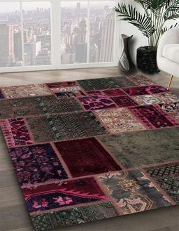 Abstract Dark Scarlet Red Patchwork Rug in Family Room, abs2063