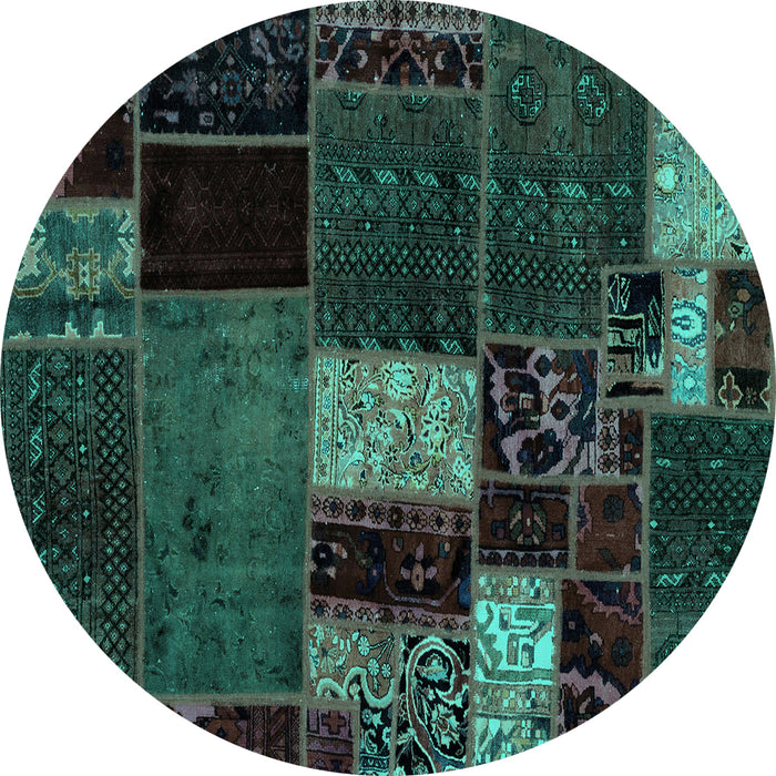 Round Machine Washable Patchwork Turquoise Transitional Area Rugs, wshabs2063turq