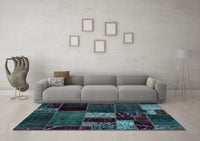 Machine Washable Patchwork Light Blue Transitional Rug, wshabs2063lblu