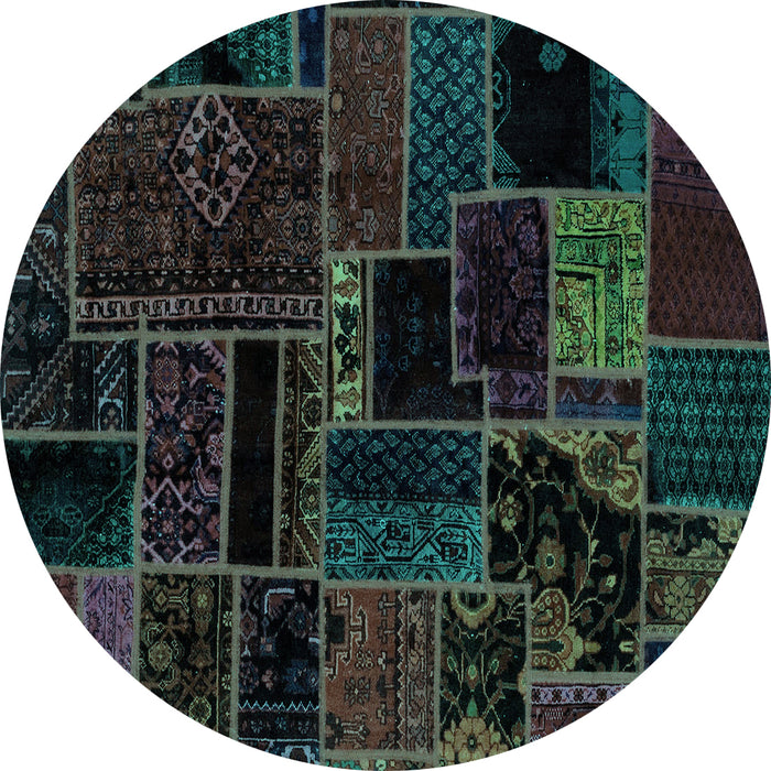 Round Machine Washable Patchwork Turquoise Transitional Area Rugs, wshabs2064turq