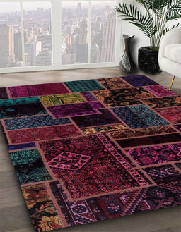 Abstract Maroon Purple Patchwork Rug in Family Room, abs2064