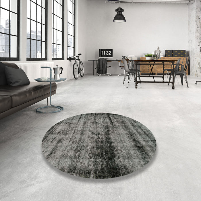 Round Abstract Gunmetal Gray Persian Rug in a Office, abs2072