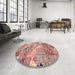 Round Abstract Dark Salmon Pink Patchwork Rug in a Office, abs2076