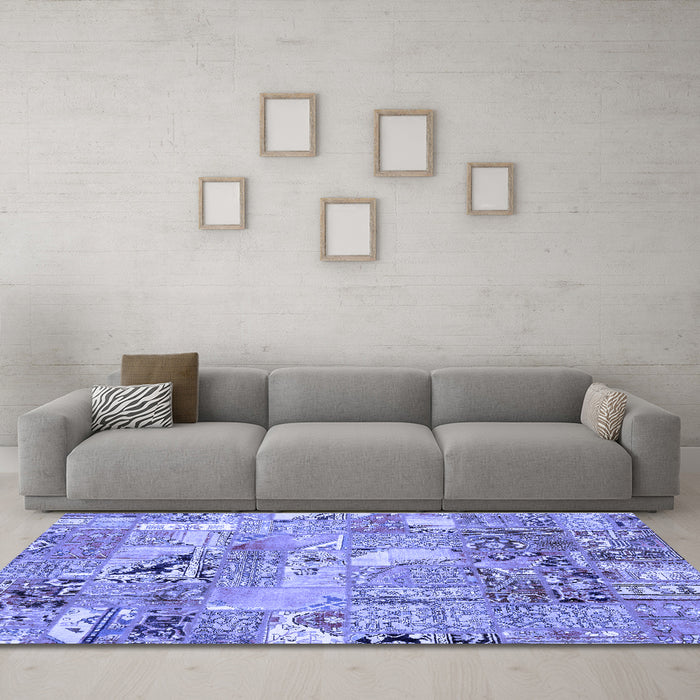 Machine Washable Patchwork Blue Transitional Rug in a Living Room, wshabs2076blu