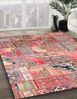 Abstract Dark Salmon Pink Patchwork Rug in Family Room, abs2076