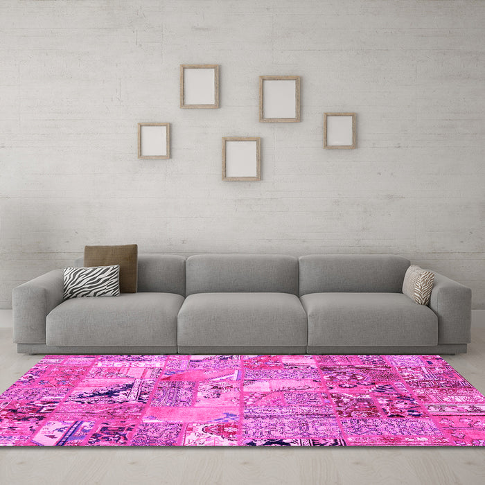 Machine Washable Patchwork Pink Transitional Rug in a Living Room, wshabs2076pnk
