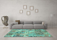 Machine Washable Patchwork Turquoise Transitional Rug, wshabs2076turq