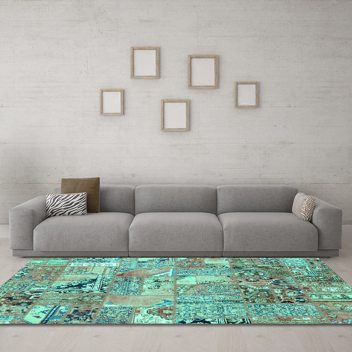 Machine Washable Patchwork Turquoise Transitional Area Rugs in a Living Room,, wshabs2076turq