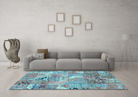 Machine Washable Patchwork Light Blue Transitional Rug, wshabs2076lblu