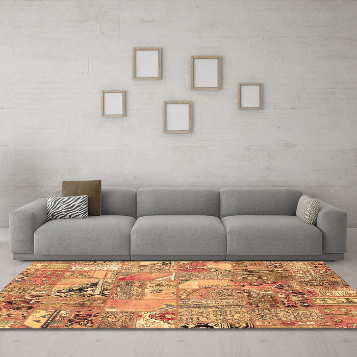 Machine Washable Patchwork Brown Transitional Rug in a Living Room,, wshabs2076brn