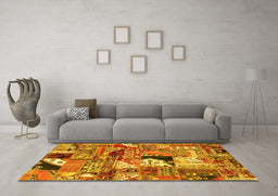 Machine Washable Patchwork Yellow Transitional Rug in a Living Room, wshabs2077yw
