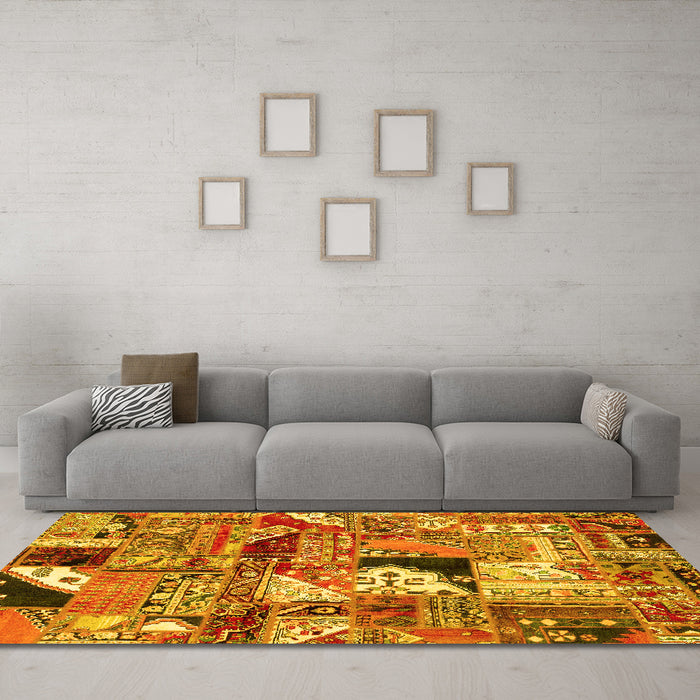 Machine Washable Patchwork Yellow Transitional Rug in a Living Room, wshabs2077yw
