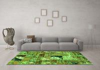 Machine Washable Patchwork Green Transitional Rug, wshabs2077grn