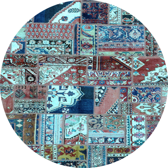 Round Machine Washable Patchwork Light Blue Transitional Rug, wshabs2077lblu