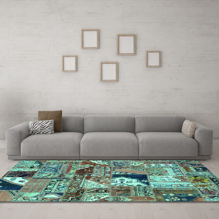 Machine Washable Patchwork Turquoise Transitional Area Rugs in a Living Room,, wshabs2077turq