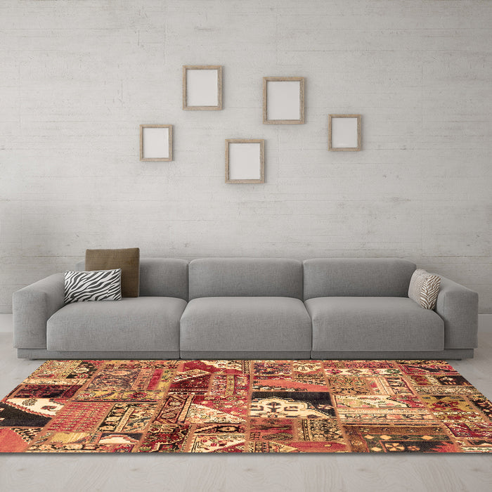 Machine Washable Patchwork Brown Transitional Rug in a Living Room,, wshabs2077brn