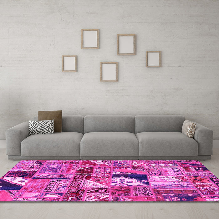 Machine Washable Patchwork Pink Transitional Rug in a Living Room, wshabs2077pnk