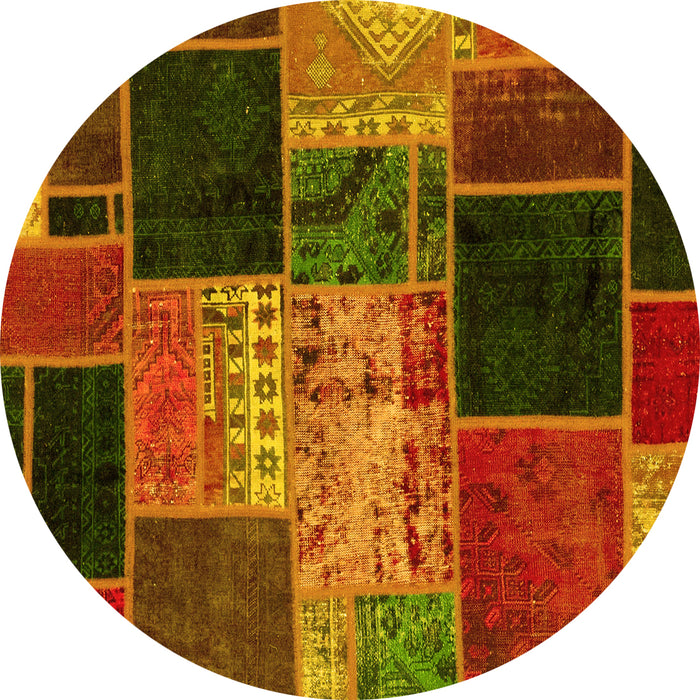 Round Machine Washable Patchwork Yellow Transitional Rug, wshabs2078yw