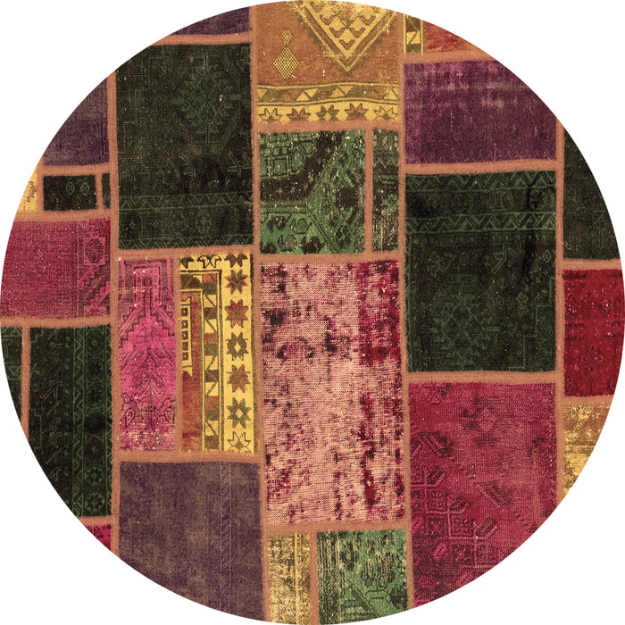 Round Machine Washable Patchwork Brown Transitional Rug, wshabs2078brn