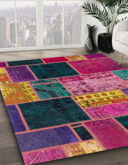 Abstract Mauve Taupe Purple Patchwork Rug in Family Room, abs2078