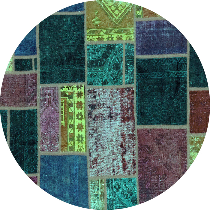 Round Machine Washable Patchwork Turquoise Transitional Area Rugs, wshabs2078turq