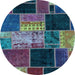 Round Machine Washable Patchwork Light Blue Transitional Rug, wshabs2078lblu