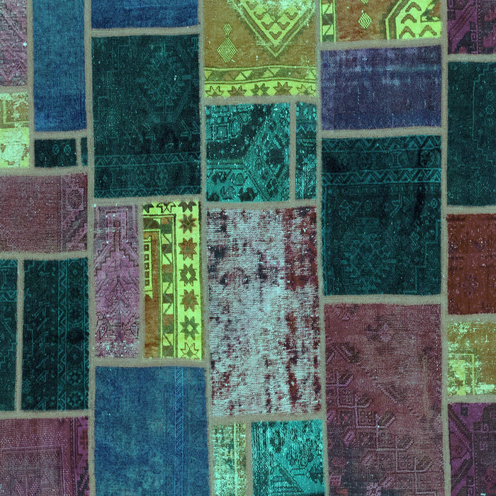 Square Machine Washable Patchwork Turquoise Transitional Area Rugs, wshabs2078turq