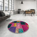 Round Abstract Mauve Taupe Purple Patchwork Rug in a Office, abs2078