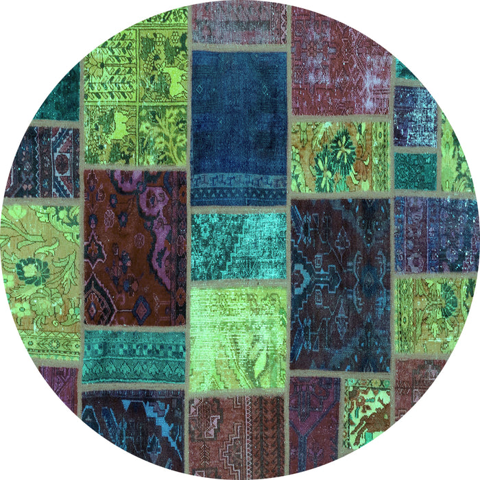Round Machine Washable Patchwork Turquoise Transitional Area Rugs, wshabs2079turq