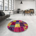 Round Abstract Dark Almond Brown Patchwork Rug in a Office, abs2079