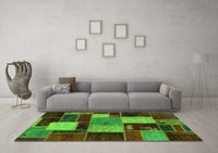 Machine Washable Patchwork Green Transitional Rug, wshabs2080grn