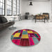 Round Abstract Dark Almond Brown Patchwork Rug in a Office, abs2080